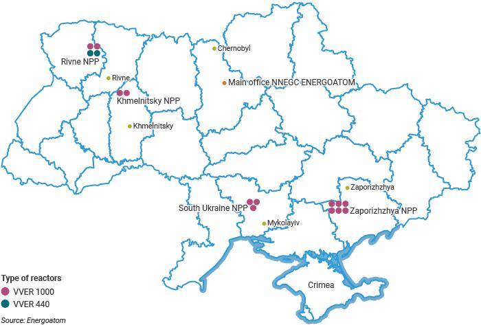 Location of Ukraine's operable and shut down nuclear power plants